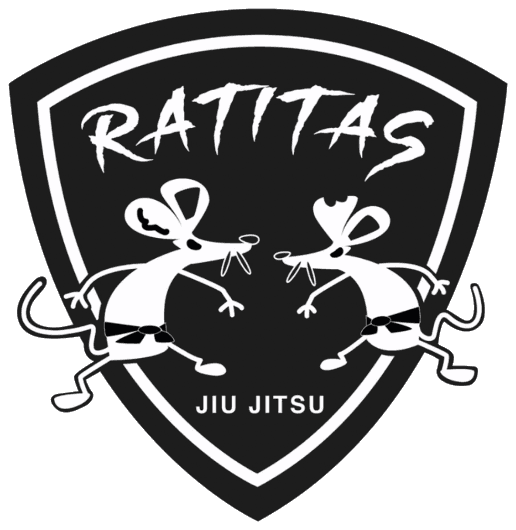 Escudo de Ratitas Jiu-Jitsu: dos ratitas con kimono enfrentadas dentro de un blasón negro.